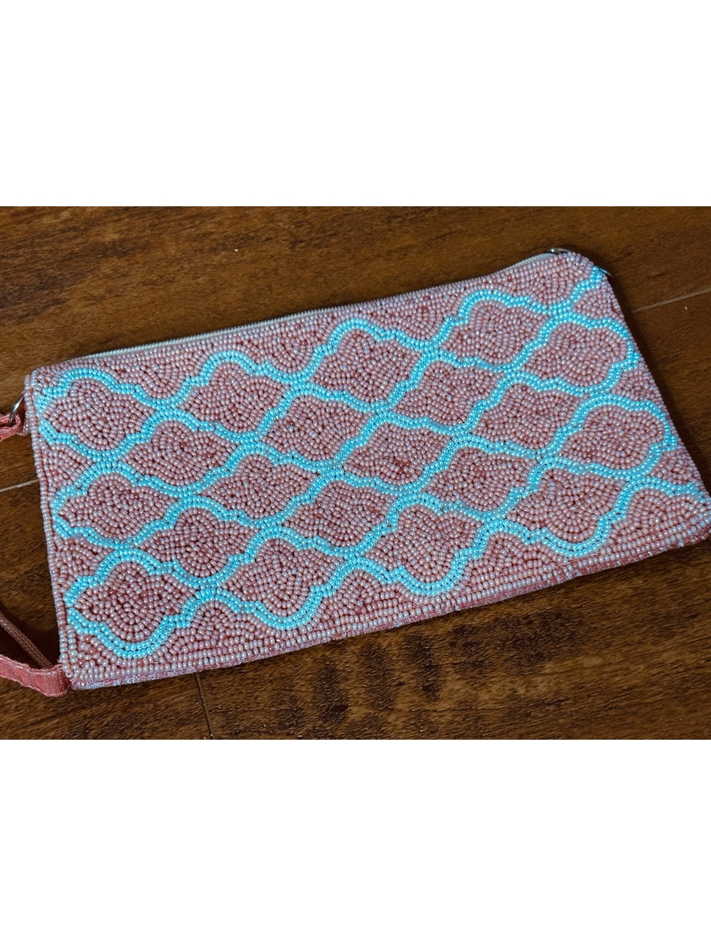 Beaded Pink and White Patterned Crossbody Bag with Velvet Back